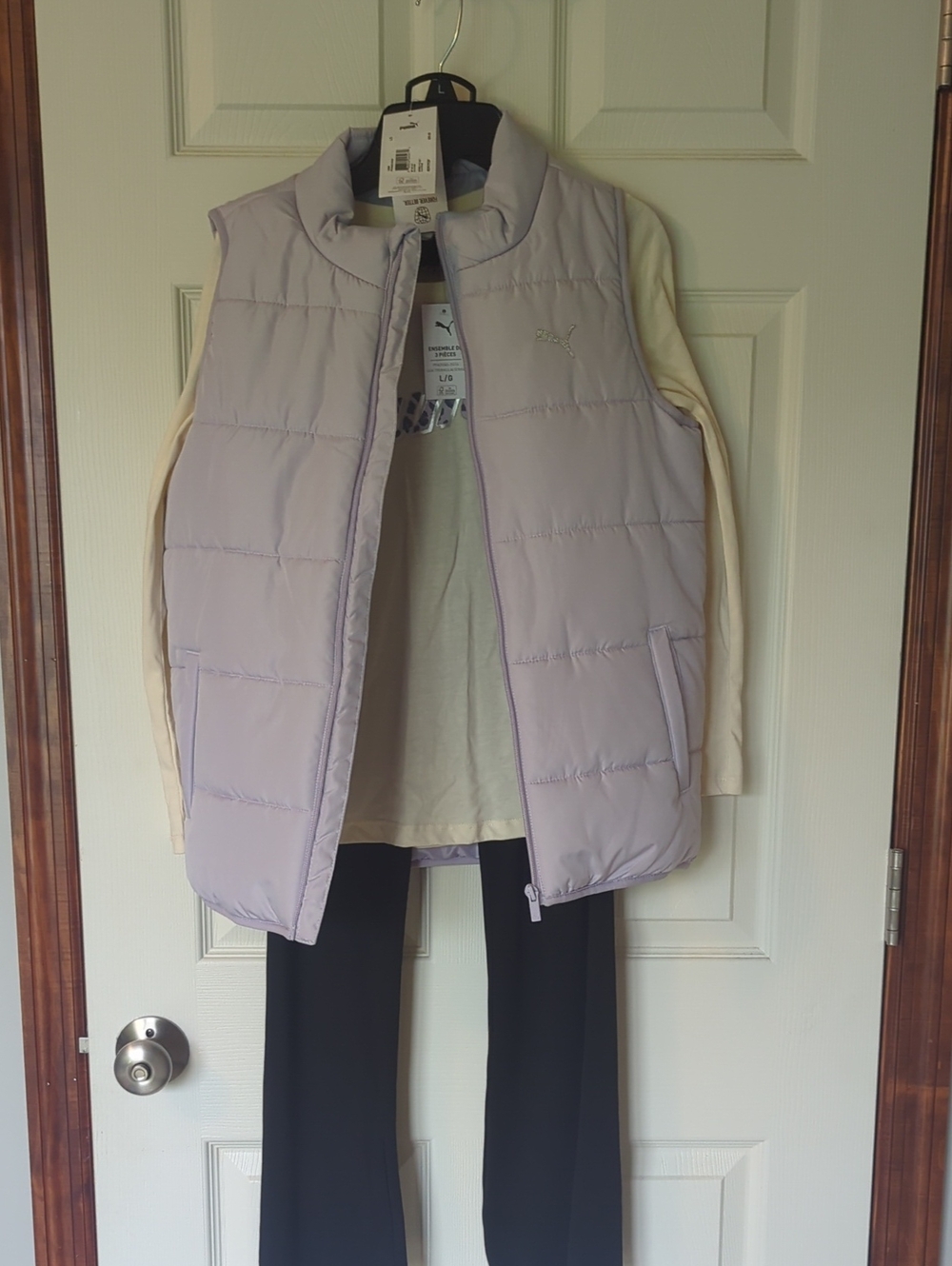 Puma Girls Lavender Puffer Vest with Cream Long Sleeve Top And Black Pants